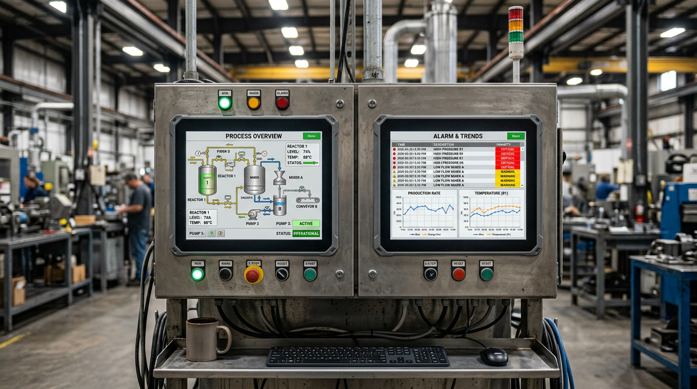 Due pannelli HMI industriali affiancati sul quadro di una macchina