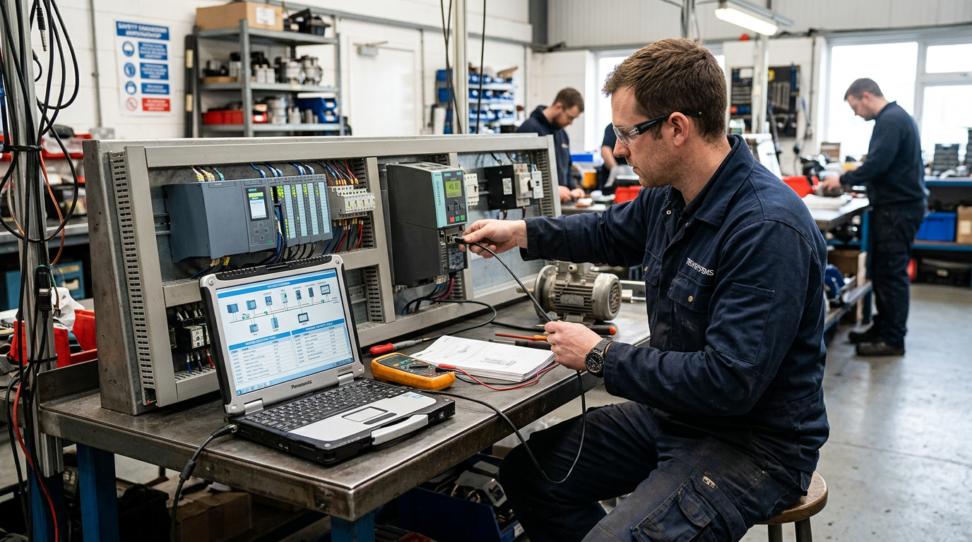 Tecnico che collega un portatile a un PLC e a un inverter su banco di prova